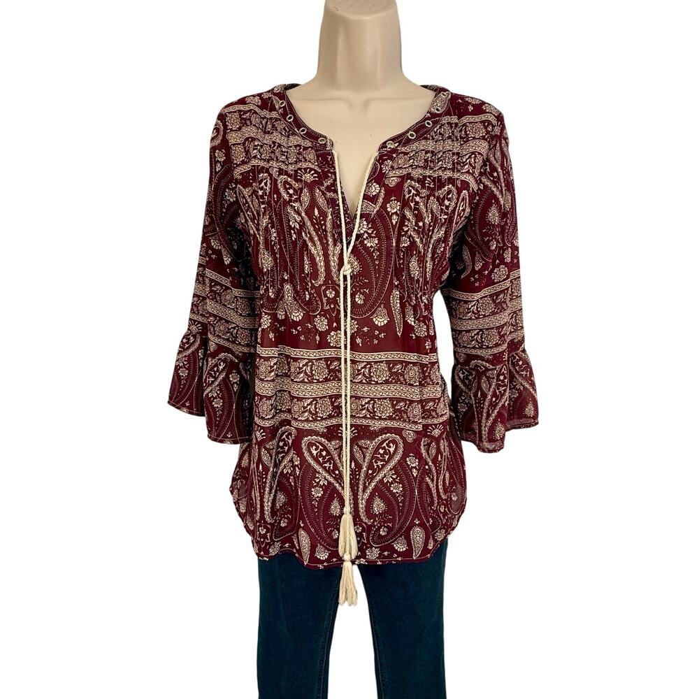 Skies Are Blue Maroon Tan Paisley Tunic Top Pleated V Neckline Grommet Accent - Picture 2 of 16